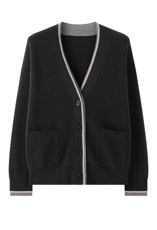 Dark grey wool V-neck cardigan with button front, two pockets, contrast trim