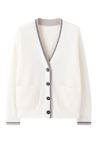 Beige wool V-neck cardigan with front button placket, two pockets, contrast trim