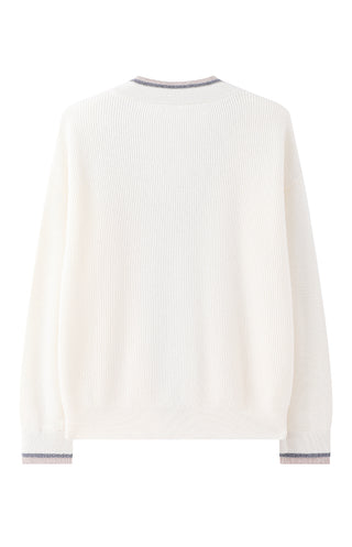 Beige wool V-neck cardigan with contrast trim along cuffs and hem