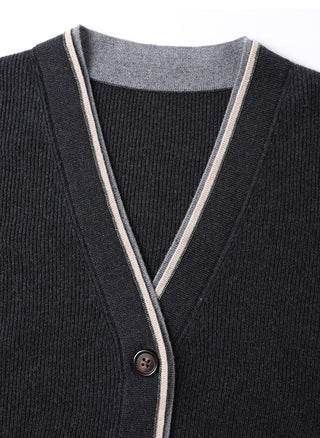 Dark grey wool V-neck cardigan close-up with contrast trim and button