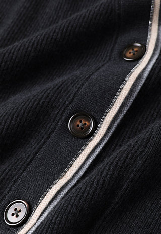 Dark grey wool cardigan button placket with brown buttons and contrast stripe trim