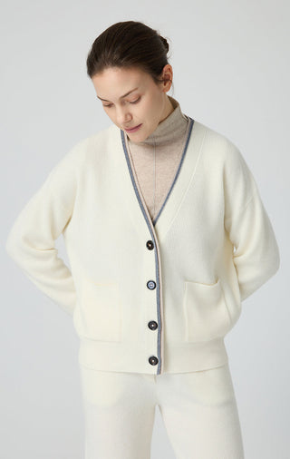 Wool V-Neck Cardigan with Contrast Trim