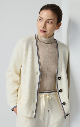 Wool V-Neck Cardigan with Contrast Trim - serathinan 