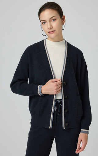 Wool V-Neck Cardigan with Contrast Trim - serathinan 