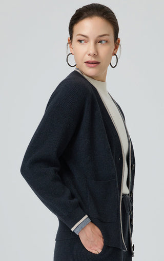 Wool V-Neck Cardigan with Contrast Trim - serathinan 