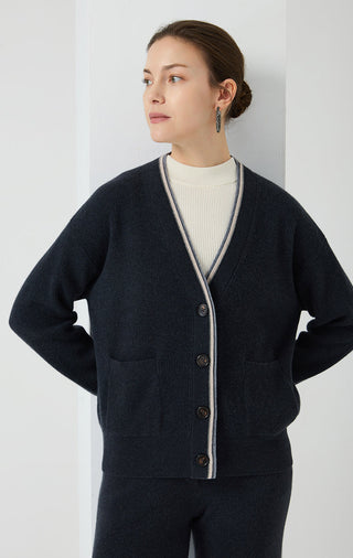 Wool V-Neck Cardigan with Contrast Trim - serathinan 