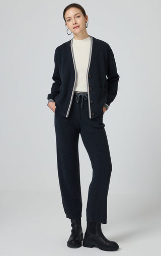 Wool V-Neck Cardigan with Contrast Trim - serathinan 