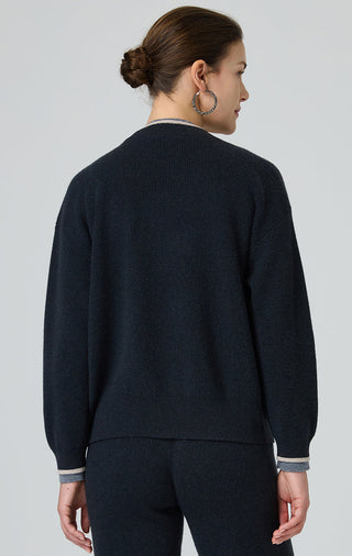 Wool V-Neck Cardigan with Contrast Trim - serathinan 