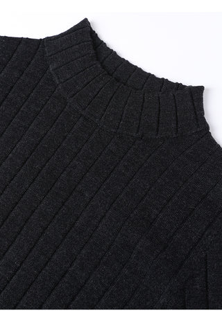 Black ribbed turtleneck sweater collar with close-knit vertical ridges.