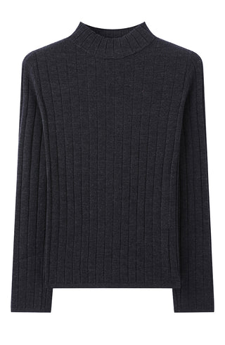 Black ribbed turtleneck sweater with long sleeves and high neckline.
