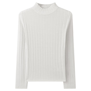 White ribbed turtleneck sweater with long sleeves and high collar.