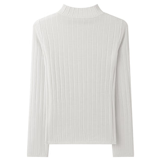 White ribbed turtleneck sweater back view with high neck and long sleeves.