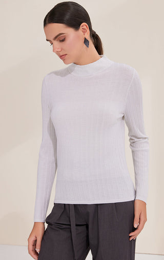 White lightweight wool ribbed turtleneck sweater, front view, long sleeves, slim fit.