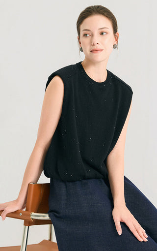 Graphite gray sequin linen knit sleeveless tank with crew neck and relaxed drape