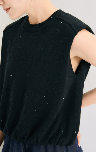 Close-up of graphite gray sequin linen knit tank showing crew neck and tiny sparkles