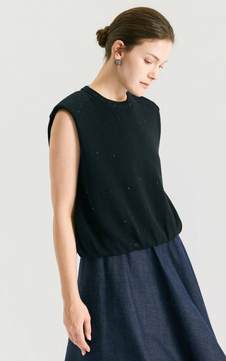 Side view of graphite gray sleeveless knit tank with sequin speckle and crew neckline
