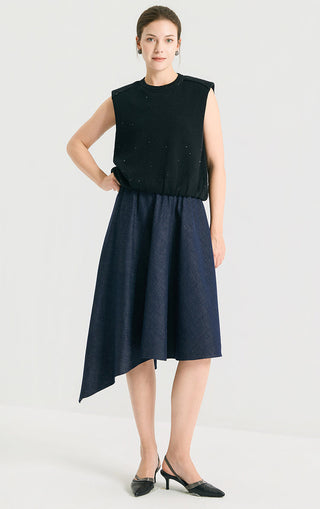 Graphite gray sequin linen knit sleeveless tank with crew neck and flowy gathered skirt-like hem