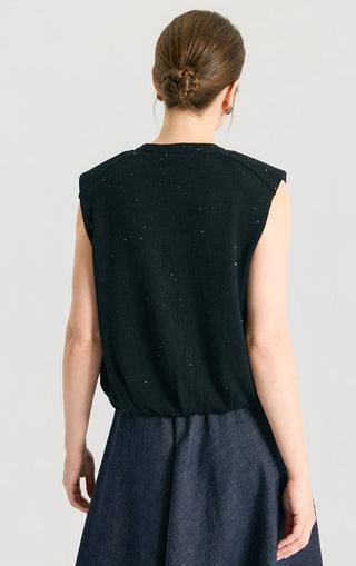 Back view of graphite gray sequin linen knit sleeveless tank with gathered hem