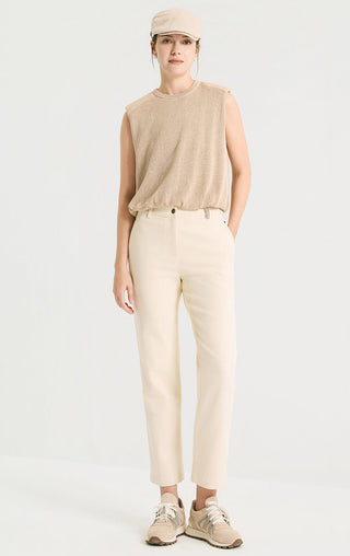 Camel sequin linen knit sleeveless tank with slightly gathered hem and crew neck