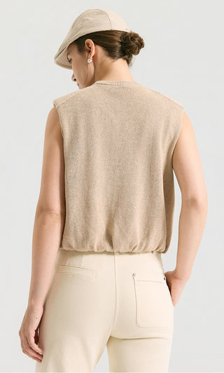 Back view of camel sequin linen knit sleeveless tank with crew neck and gathered hem