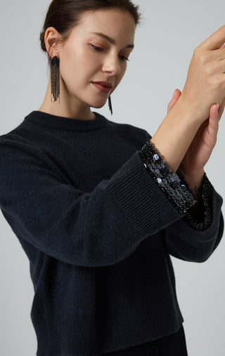 Sequin-Cuff Wool Knit Sweater - serathinan 