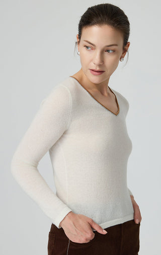 Cashmere V-neck fine knit top, white, fitted long-sleeve knit with V-neck trim