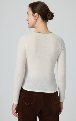 Cashmere V-neck fine knit top, beige, back view with solid long-sleeve knit
