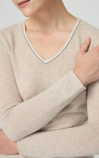 Cashmere V-neck fine knit top, beige, close-up of neckline and long sleeve cuff