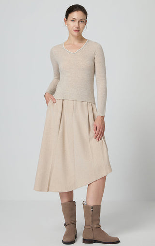 Cashmere V-neck fine knit top, beige, front view showing V-neck and long sleeves