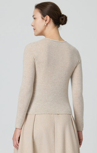 Cashmere V-neck fine knit top, beige, back view with V-neckline edge detail