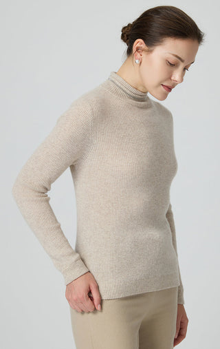 Camel cashmere sweater with ribbed hem and fitted long sleeves