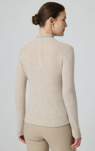Camel cashmere sweater back view with ribbed high collar