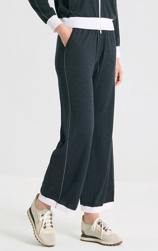 Graphite gray wide-leg knit pants, front view with drawstring waist and long seams
