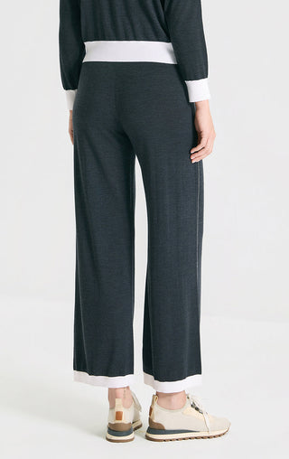 Graphite gray wide-leg knit pants, back view with elastic waist and ankle cuffs