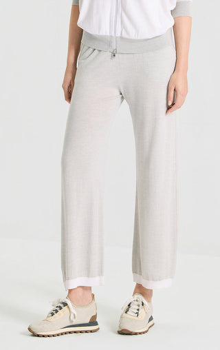 Light gray wide-leg knit pants with elastic waistband and drawstring, ankle length