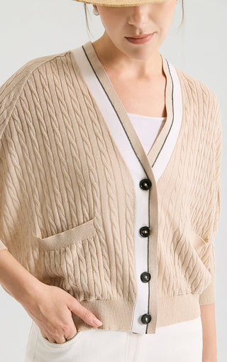 Linen Silk Blend Cable Knit Cardigan - serathinan 