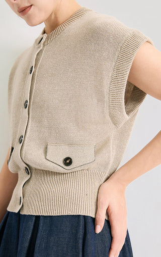Linen Sequin Knit Button-Front Vest - serathinan 