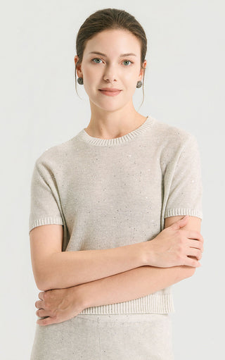Light gray sequin short-sleeve knit top with crew neck and ribbed cuffs