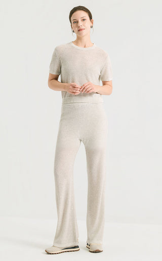 Light gray sequin short-sleeve knit top with crew neck and ribbed waistband