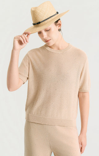 Camel sequin short-sleeve knit top with crew neck and ribbed cuffs, front view