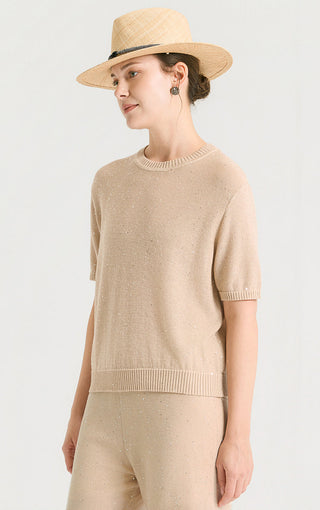 Camel sequin short-sleeve knit top with crew neckline and ribbed hem, side view