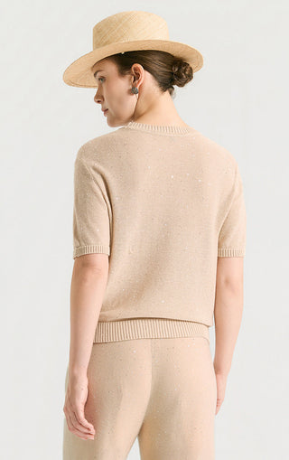 Camel sequin short-sleeve knit top, back view with ribbed waist band