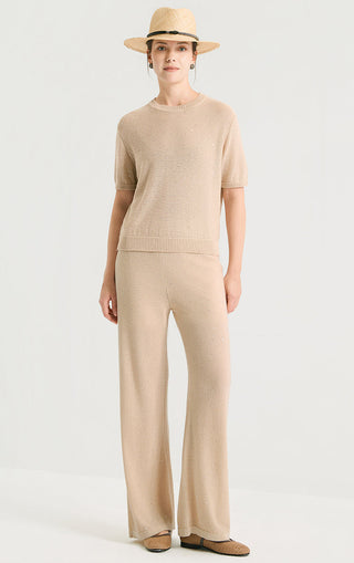 Camel sequin short-sleeve knit top with crew neck and ribbed cuffs, full front view