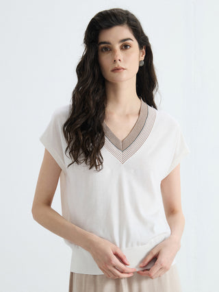 Ivory wool-silk knit top with V-neck and contrast trim, short sleeves