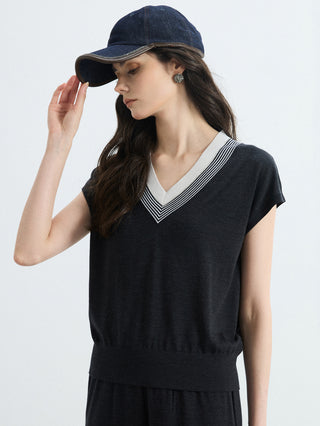 Graphite gray V-neck knit top with contrast collar stripes and short sleeves