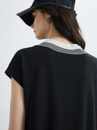 Back view of graphite gray knit top with contrast striped collar trim
