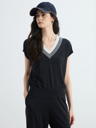 Dark gray wool-silk V-neck knit top with white contrast striped trim