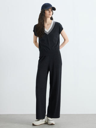Dark gray wool-silk V-neck knit top, short sleeves, white contrast trim and band