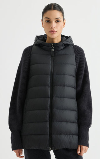 Black hooded puffer vest with full-zip front and quilted horizontal panels