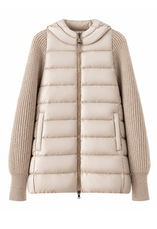 Camel hooded puffer vest with ribbed knit sleeves and front zipper